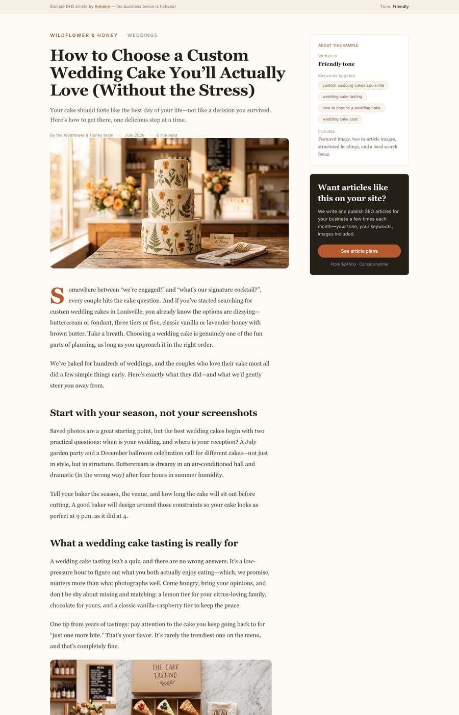 Preview of a sample SEO article for a wedding bakery