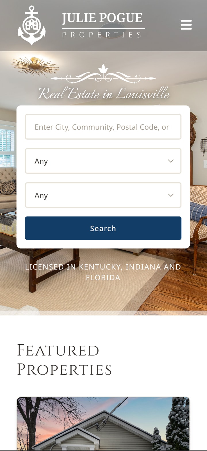 Mobile screenshot of Julie Pogue Properties homepage with search and featured listings