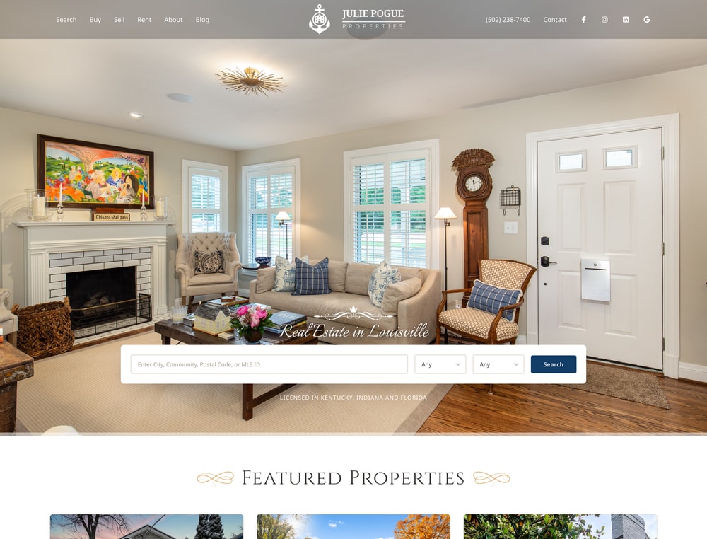 Desktop homepage for Julie Pogue Properties with hero photography and property search
