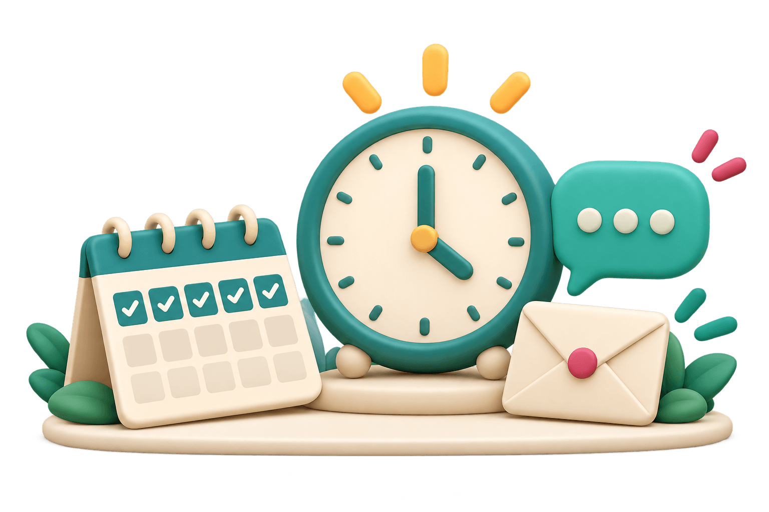 Weekday calendar, working-hours clock, message bubble, and email illustration