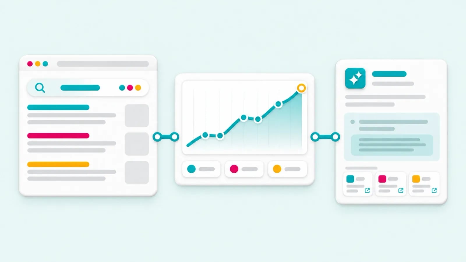 A search results page connected to a visibility chart and an AI-generated answer panel