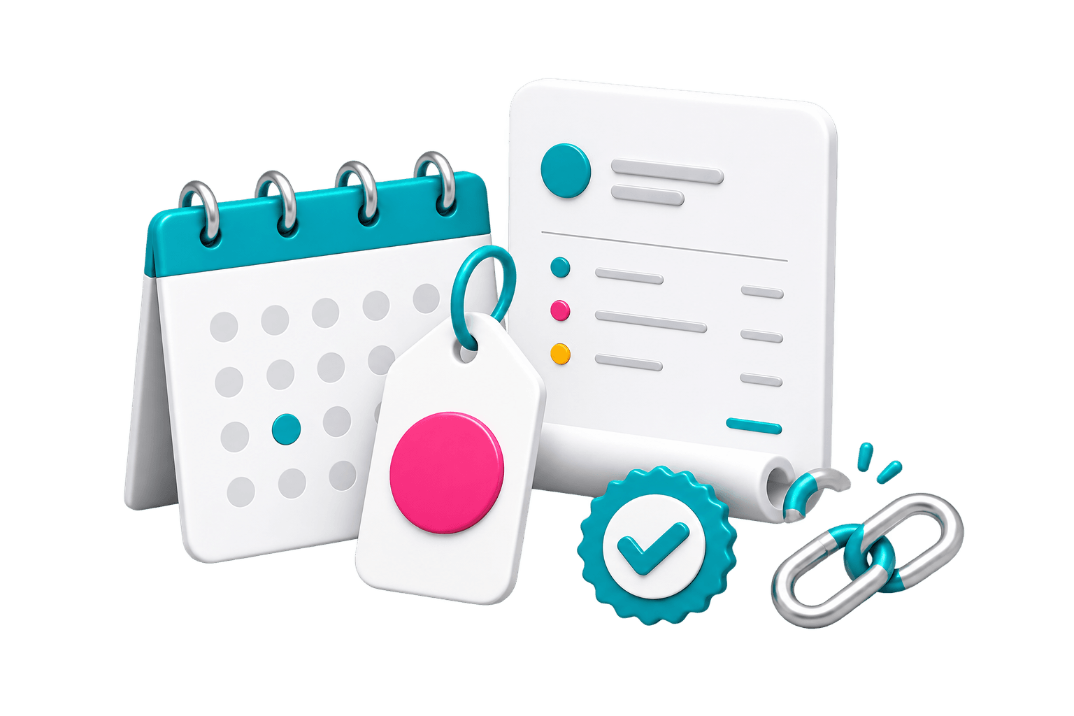 Calendar, simple invoice, price tag, approval check, and open chain representing straightforward pricing