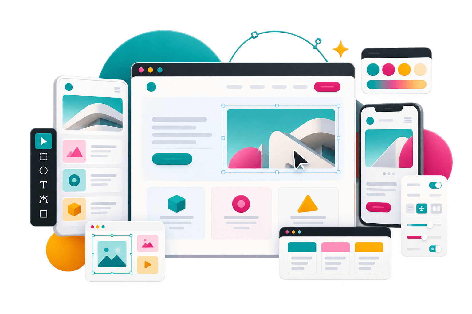 Responsive custom website designs and visual editing tools arranged across desktop and mobile screens