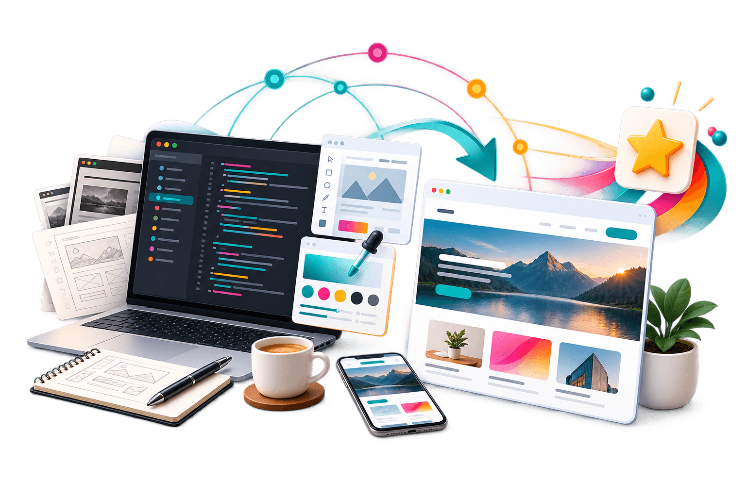 Modern web development workspace progressing from planning and code to a polished responsive website